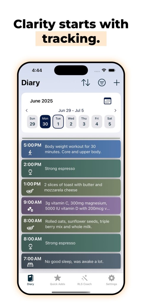 Image shows the diary feature of the RLS Coach App and the header text Clarity starts with tracking