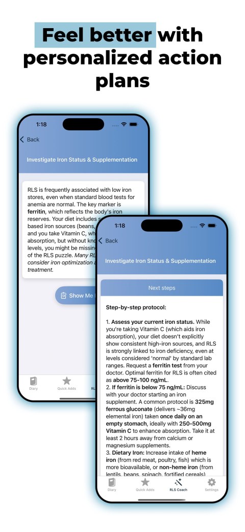 Image shows the next-steps feature of the RLS Coach App and the header text Feel better with personalized action plans